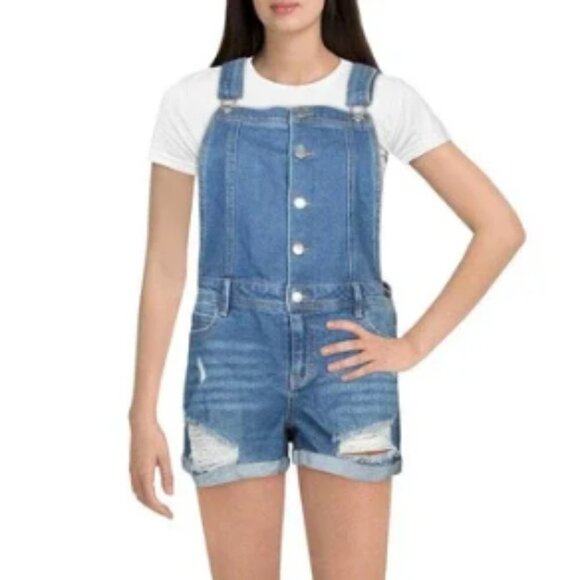 DISTRESSED TINSELTOWN RIPPED CUFFED DENIM SHORTALLS - SIZE MEDIUM - Picture 1 of 16